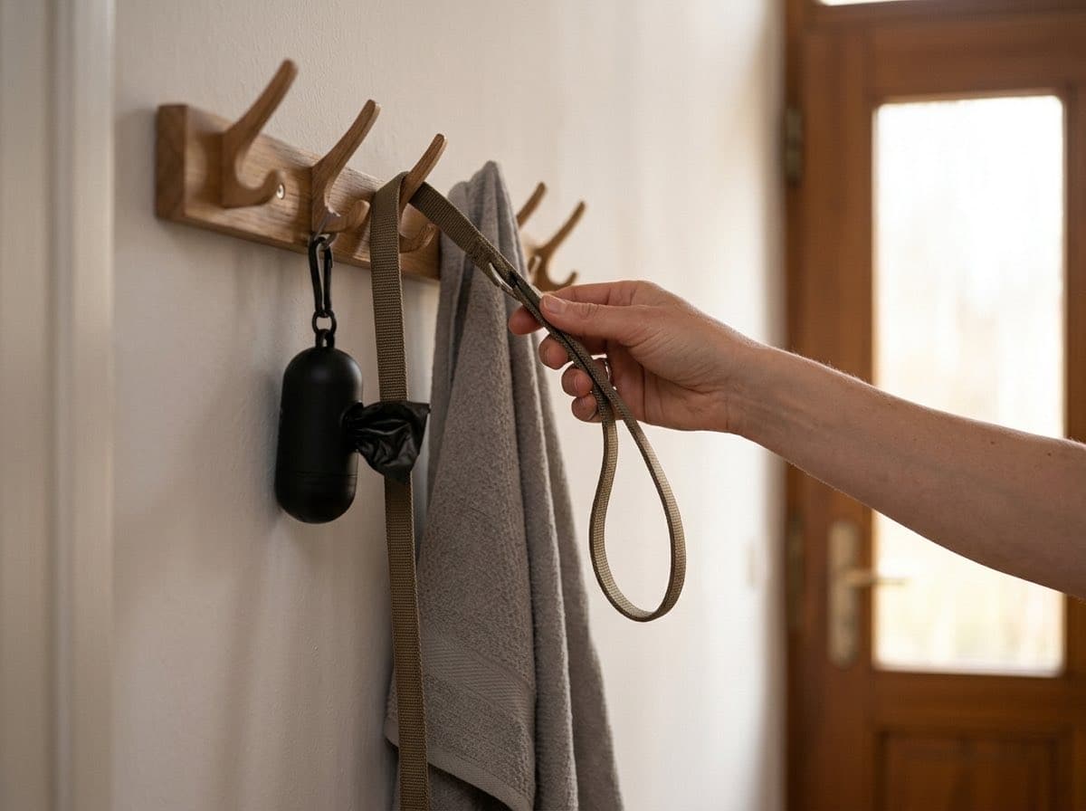 Hakenleiste im Hausflur mit Leine und Handtuch