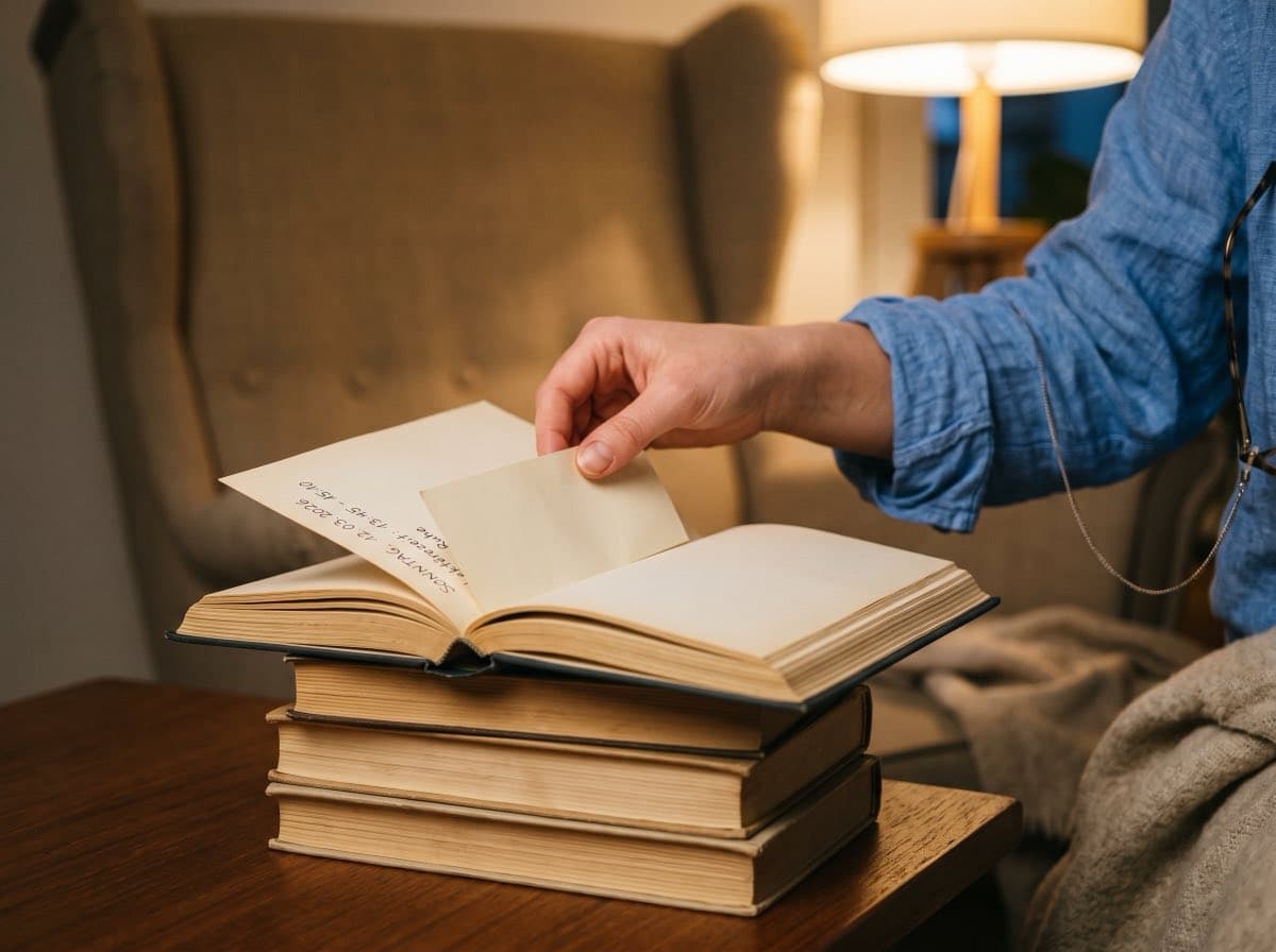 Handschriftliches Heft mit kurzen Einträgen im Lampenlicht