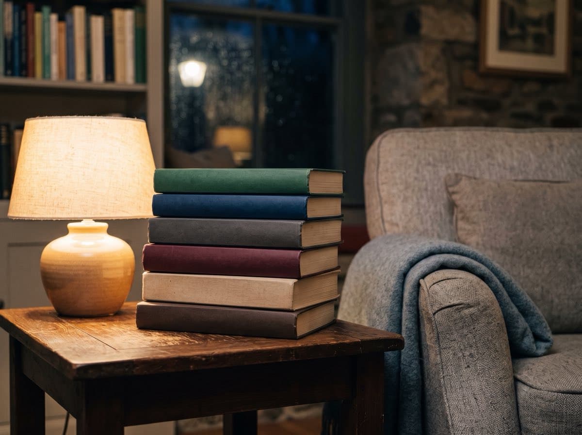 Stapel ungelesener Bücher neben einem Sessel