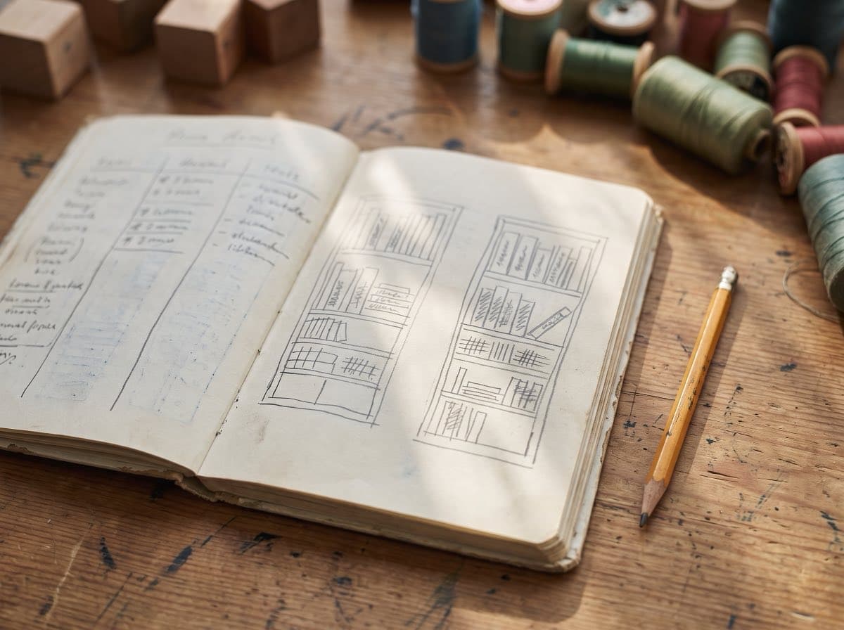 Aufgeschlagene handschriftliche Kladde mit Regalplan und Bleistift