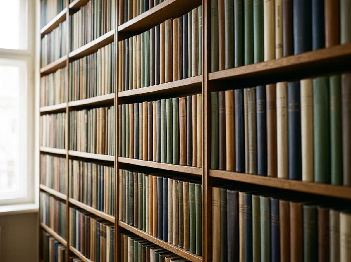 Regalreihe mit dicht stehenden Buchrücken ohne Titel