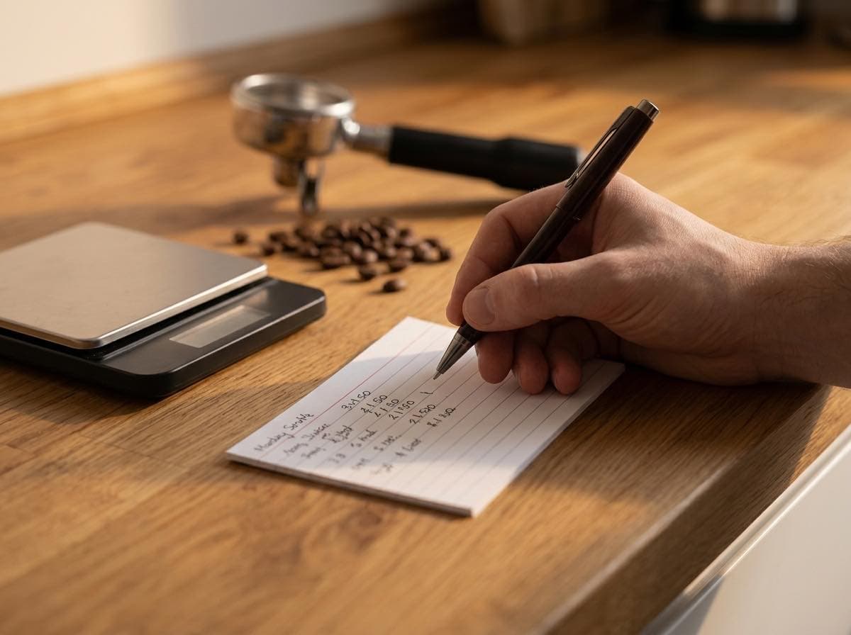 Hand beschriftet eine Karteikarte auf einer Holzarbeitsplatte, daneben eine kleine Waage und Kaffeebohnen