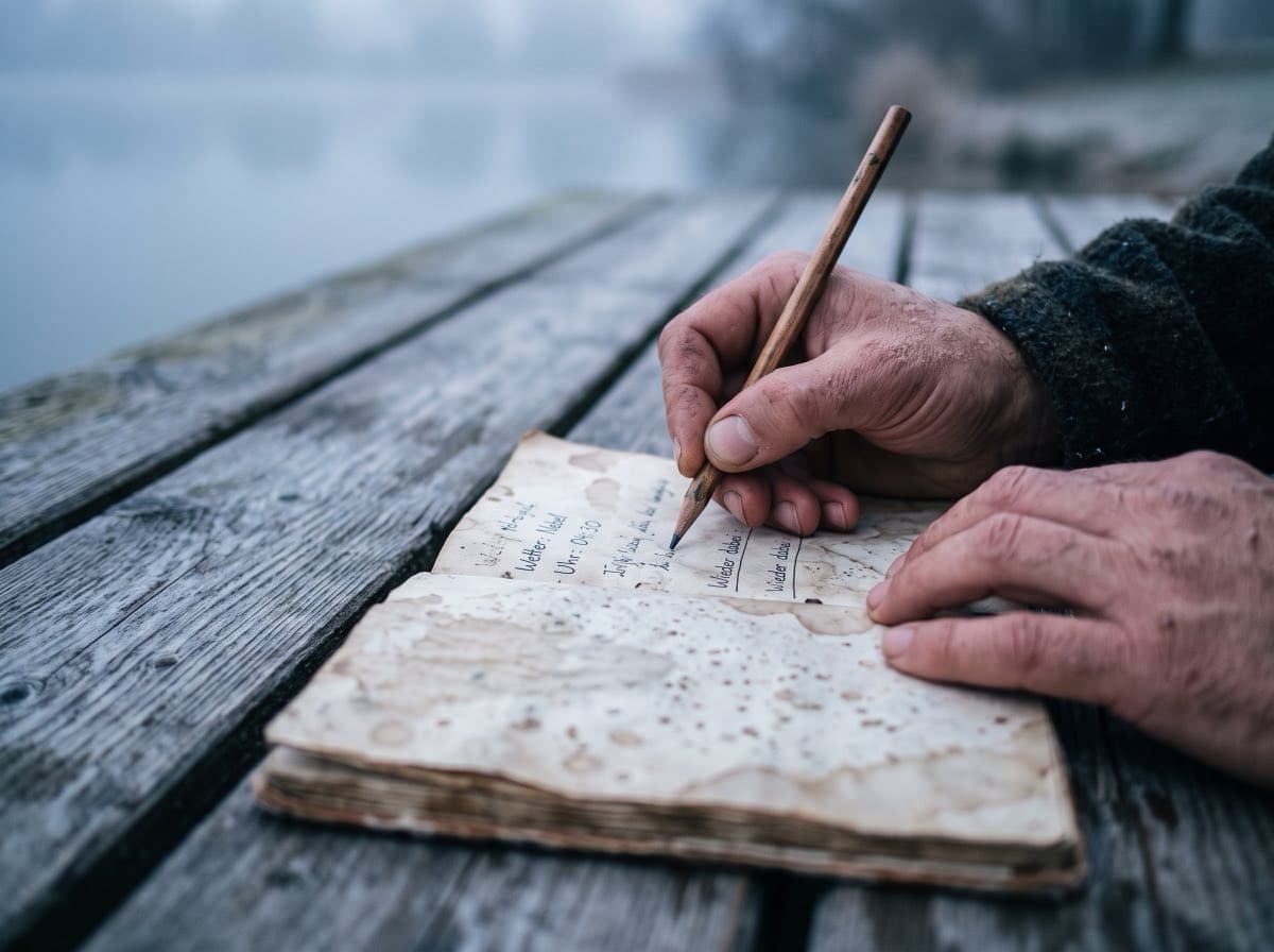 Aufgeschlagenes wasserfleckiges Fangbuch mit Bleistift