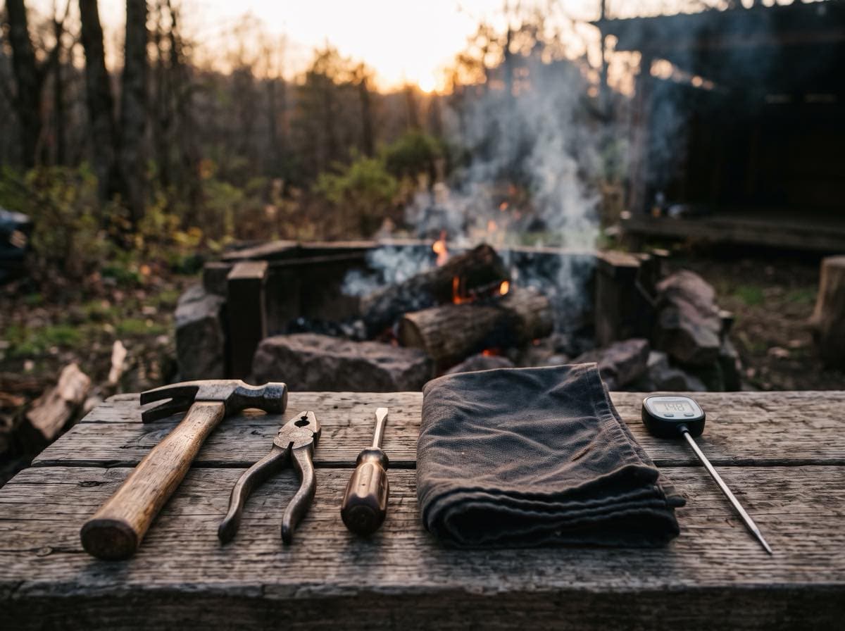 Werkzeuge in einer Reihe auf einem Holztisch neben einem Feuerplatz