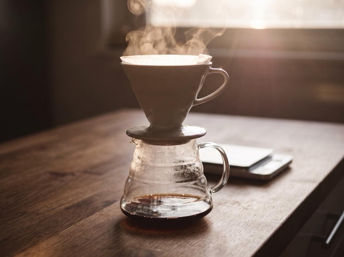 Handfilter über einer Karaffe im Morgenlicht, Dampf im Gegenlicht