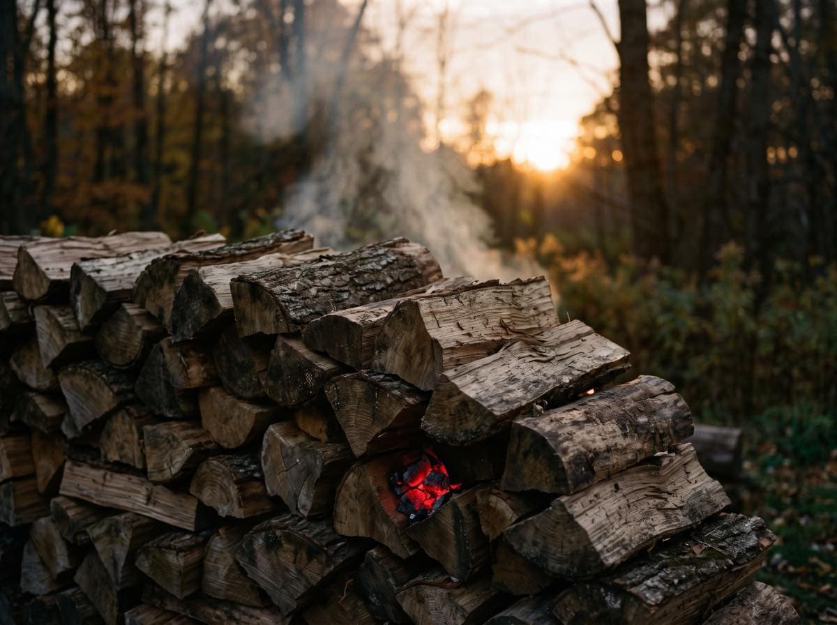 Holzstapel im Gegenlicht mit aufsteigendem Rauch und einer Glutstelle