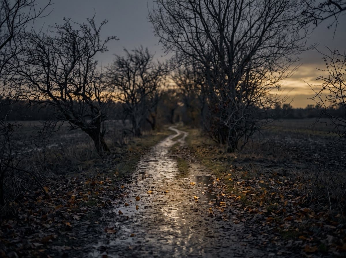 Feldweg im Dämmerlicht, Lichtkegel einer Stirnlampe