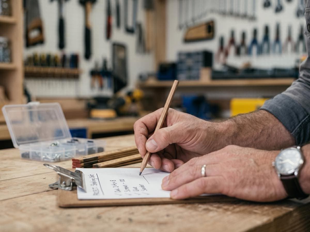 Klemmbrett mit handschriftlicher Liste und Bleistift auf einer Werkbank