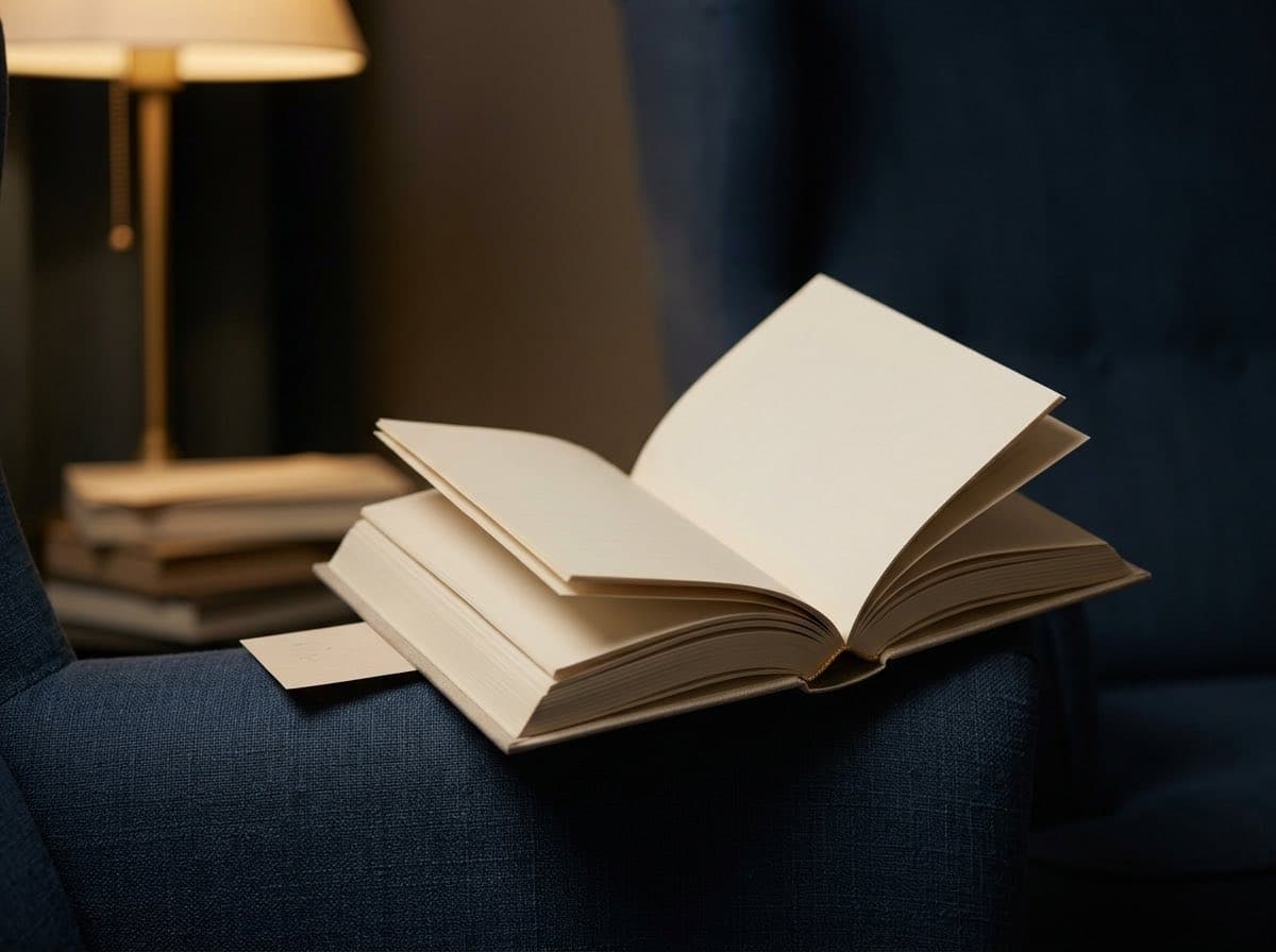 Aufgeschlagenes Buch ohne erkennbaren Titel auf einer Sessellehne