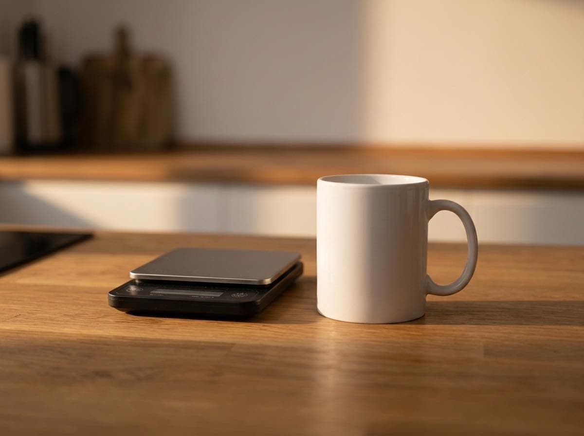 Schlichte weiße Tasse ohne Aufdruck neben einer Waage auf Holz