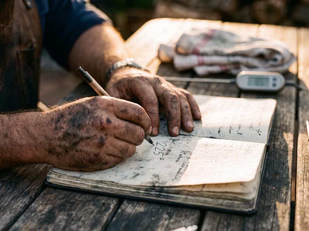 Rußige Hände schreiben mit Bleistift in ein aufgeschlagenes Heft mit handschriftlichen Spalten