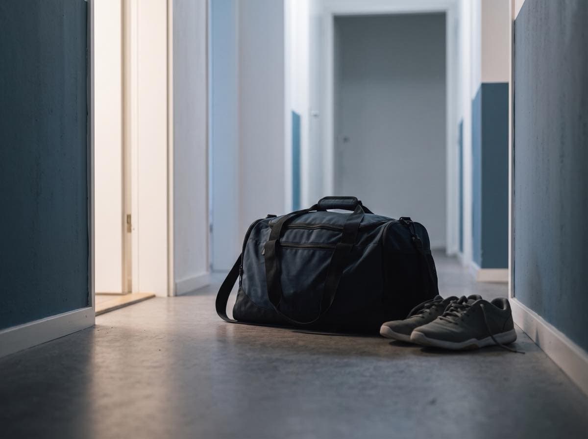 Gepackte Sporttasche und Schuhe auf einem Flurboden, Licht von der Seite