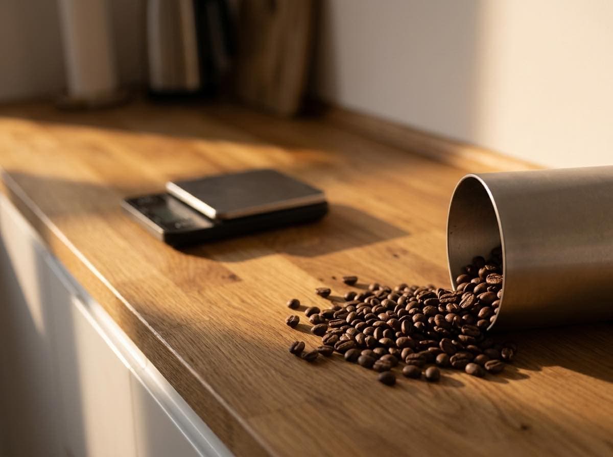 Kaffeebohnen aus einer Dose verstreut auf einer Holzarbeitsplatte, daneben eine kleine Waage