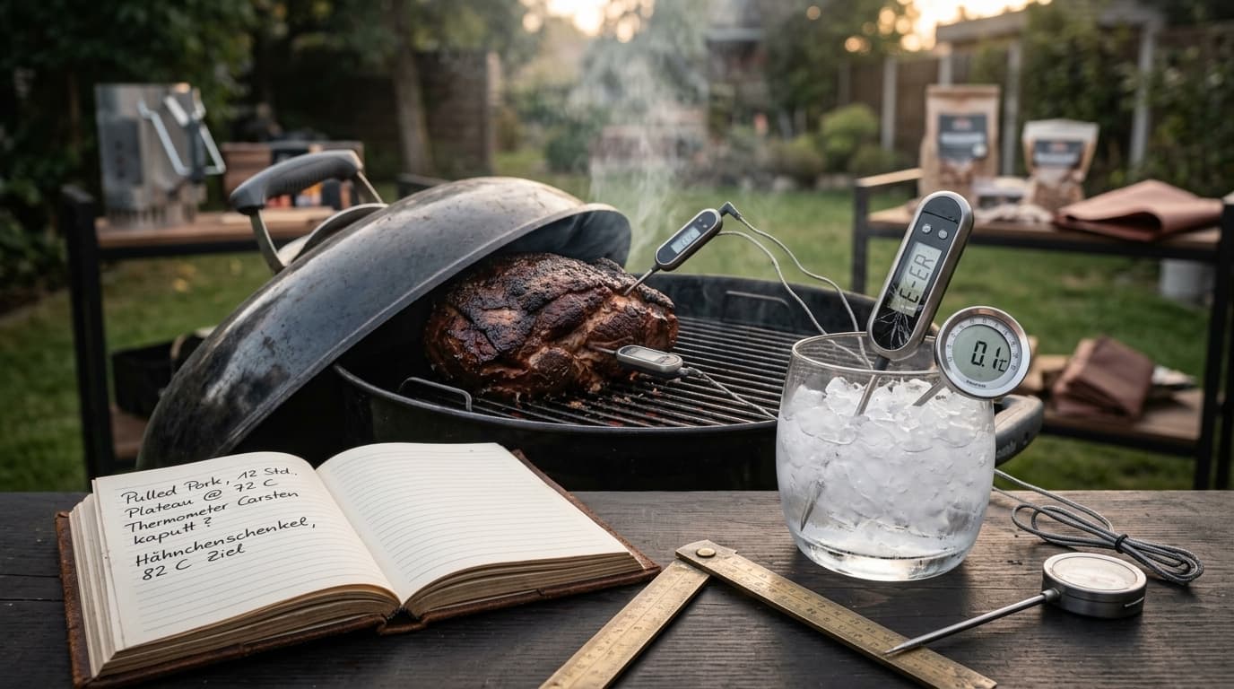 Pulled Pork auf einem Kugelgrill, davor ein aufgeschlagenes Temperaturbuch und zwei Thermometer in einem Glas Eiswasser